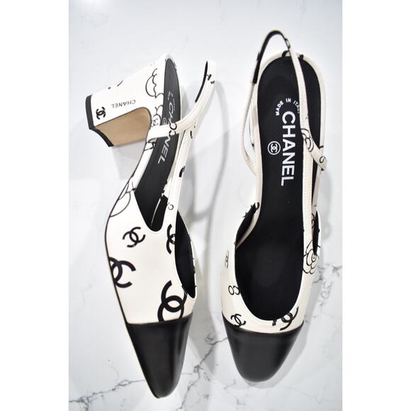 Chanel 23P Mademoiselle Coco Sling White Black CC Logo Slingback Sandal Heel 37 - Picture 3 of 12